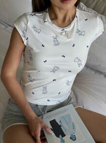 SHEIN TEEN GIRL 白色卡通可爱图案圆领短袖，合身可爱短袖 T 恤 - 白色 - 查看 4