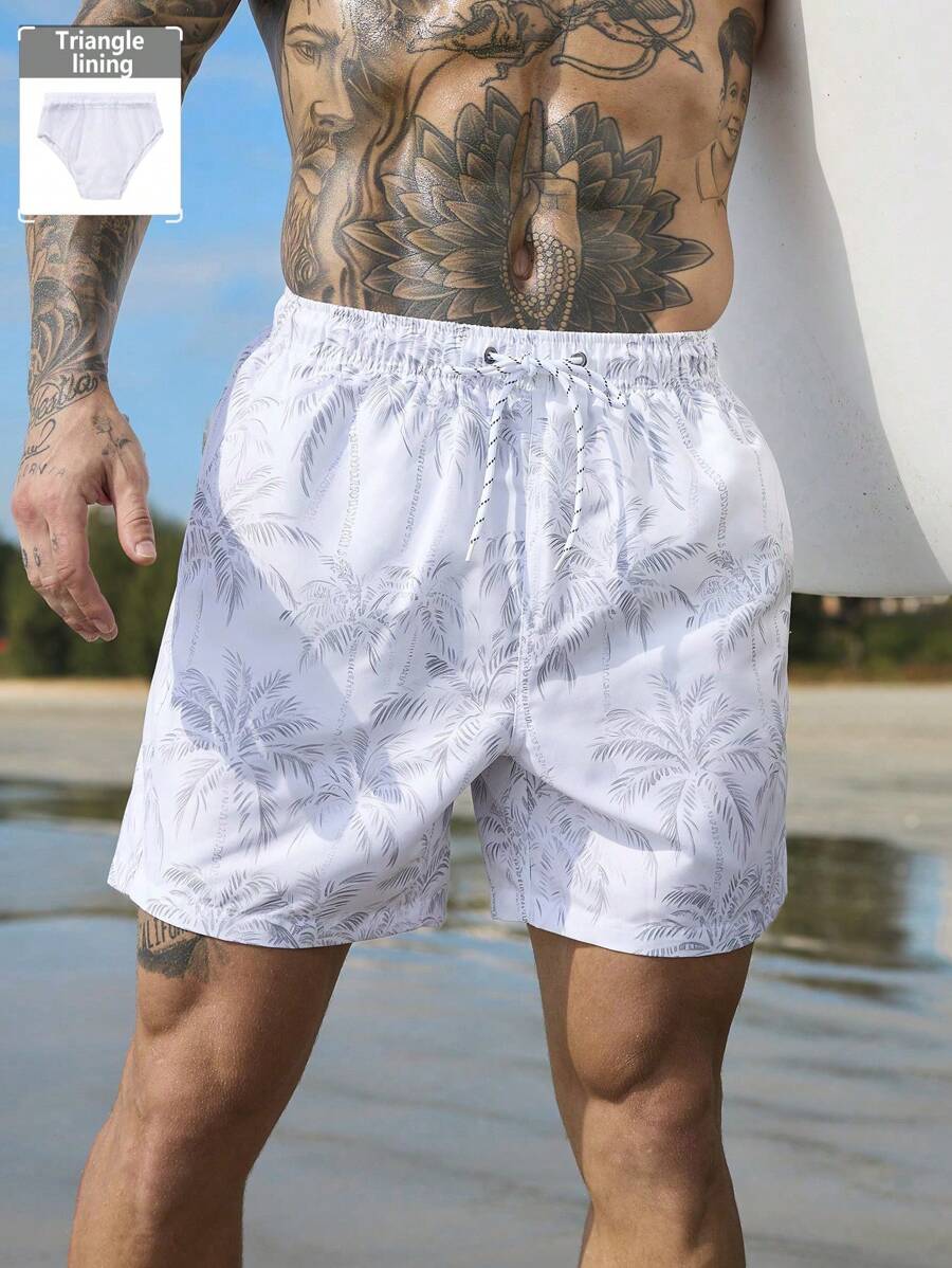 Surfspeed Men's Front Lace-Up Pocket All-Over Print Casual Beach Shorts,Hawaiian - White - View 1