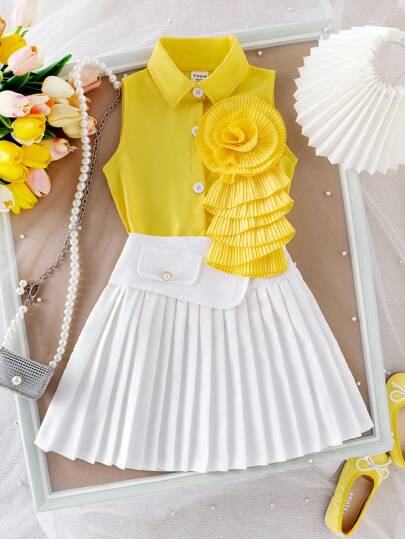 SHEIN Elladie kids 2pcs/Set Little Girls Fashion Blouse + Skirt Suit, Floral Print Children Clothing Set