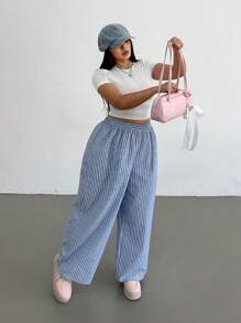 SHEIN MOOSTA Plus Size Woven Elastic Waist Striped Wide Leg Pants - Multicolor - View 3