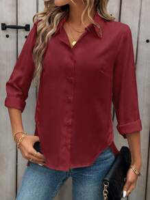Chiquease Women 3/4 Sleeve Button-Front Solid Color Blouse, Casual For Beach And Holiday - Burgundy - View 3