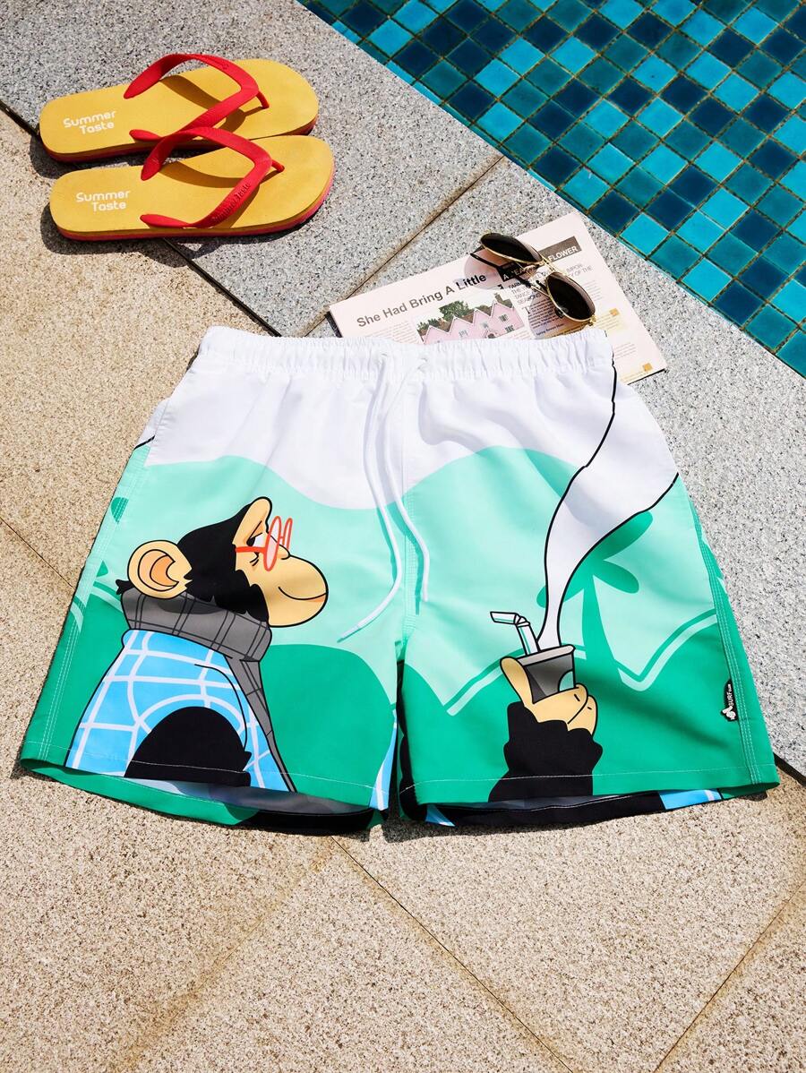 Surfspeed Men Cartoon Graphic Drawstring Waist Swim Trunks - Multicolor - View 1