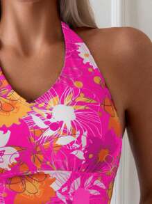 Swim Lushoire Women Floral Print Halter Bandeau Tankini Swimwear Set, Random Print Pattern For Summer Beach Vacation - Multicolor - View 4