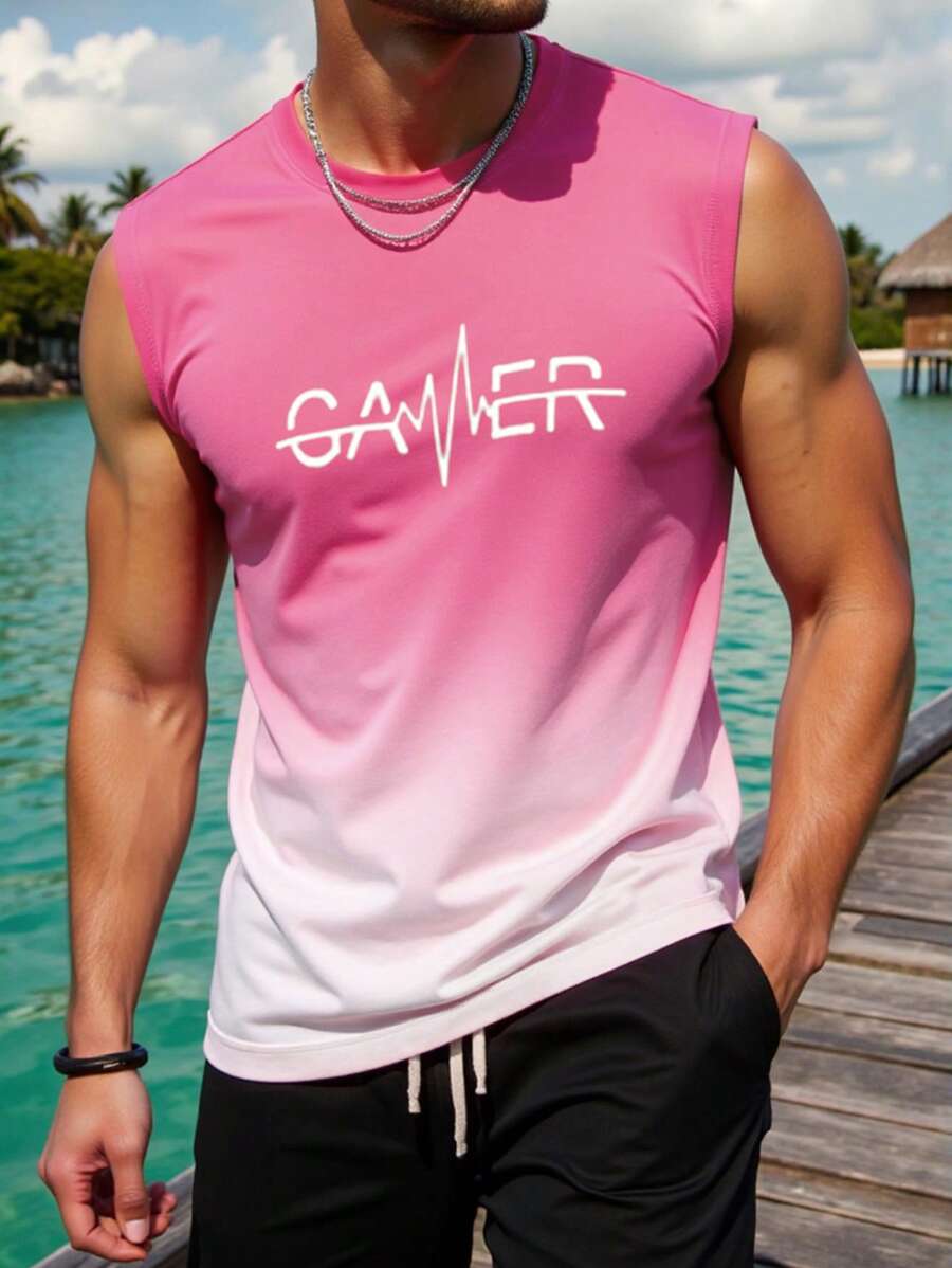 Manfinity Dauomo Men's Letter Print Ombre Casual Round Neck Tank Top - Multicolor - View 1