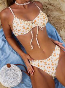 Swim Mod Women's Summer Beach Ditsy Floral Tie Front Sexy Bikini Set - Orange - View 1
