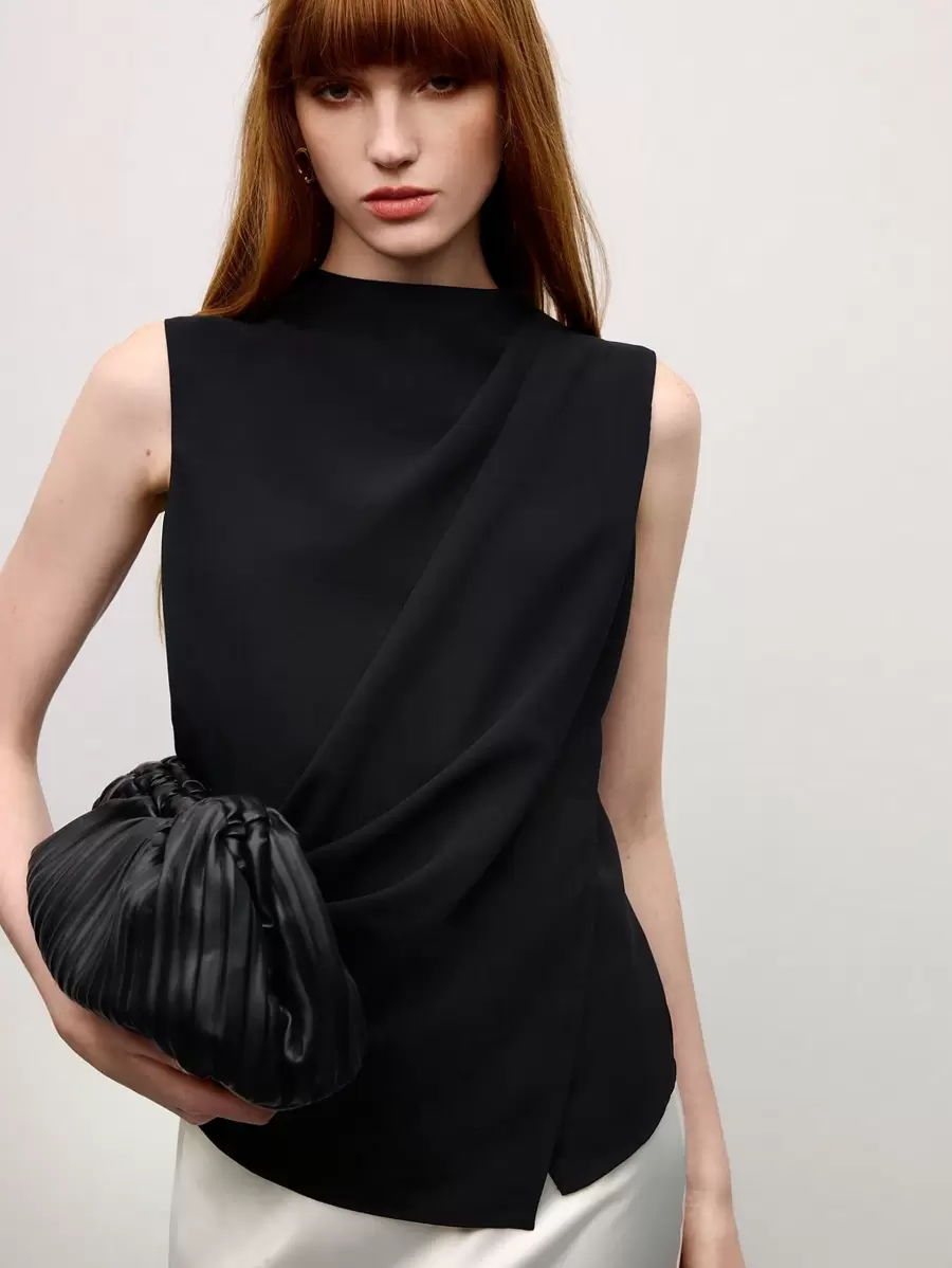 BizChic Áo hai dây cổ cao bất đối xứng xếp ly mới mùa Xuân/Hè, thanh lịch, sang trọng, phù hợp cho công sở, thường ngày, lãng mạn, mang hơi hướng retro thập niên 90, thích hợp cho Giáng sinh, Năm mới, Ngày Valentine, Tiệc tùng, Bãi biển, Lễ tốt nghiệp, Thời trang, Lễ hội, Kỳ nghỉ, Khách dự đám cưới, Bữa ăn sáng muộn, Sân bay, Đa năng. - màu đen - Xem 1