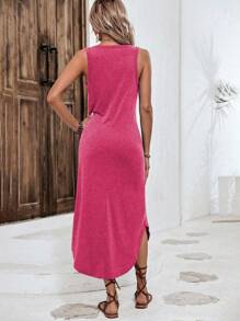 Breezaya Đầm dệt kim in họa tiết phong cách nghỉ mát kèm áo vest không tay Maxi trang phục đi biển cho phụ nữ - Màu Hồng Tươi - Xem 2
