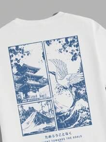 Manfinity ZONE917 Street Style Original Blue Japanese Crane Ukiyo-E Landscape Print White Knit T-Shirt And Shorts Set Men Sets Summer