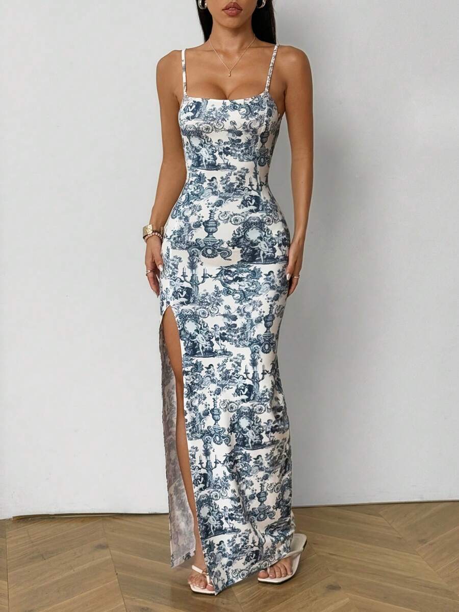 SHEIN EZwear Vestido Floral com Fenda Alta, Novo Verão Feminino, Adequado para Uso em Férias