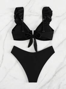 SHEIN Swim New Stylish Women 2 Pieces Bikini Set, Simple Solid Color Deep V Ruffle Cross Front Sexy Swimwear For Summer Beach Vacation - Black - View 2