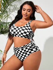 Swim Vcay Bộ đồ bơi Tankini kẻ caro đen trắng cỡ lớn cho nữ - Đen và trắng - Xem 6