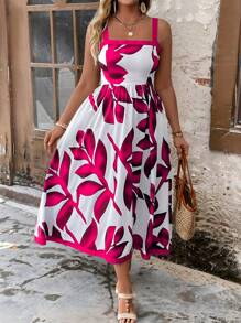 SHEIN Clasi Plus Size Fashionable Resort Style Random Floral Print Maxi Slip Dress, Summer - Hot Pink - View 8