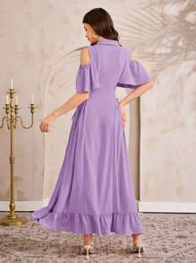 Al Najma Women's Elegant Sequin Embroidery Off Shoulder Arabian Style Dress - Purple - View 6