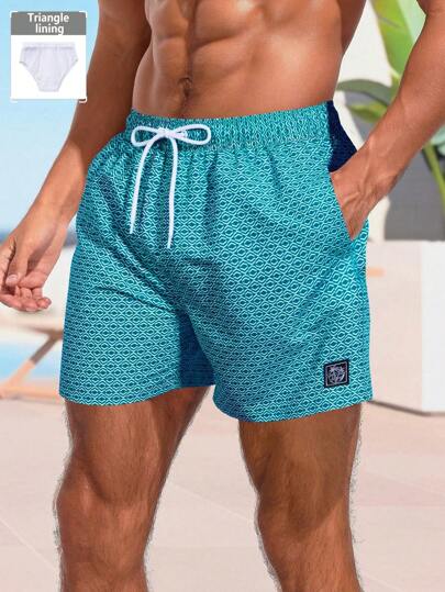 Manfinity Swimmode Men's Beach Loose Shorts Drawstring Waist Front Tie Pocket Geometric Print Resort Casual