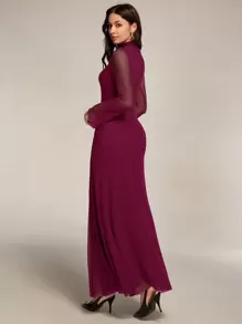 Modelyn Long Sleeve Ruffled Mesh Contrast Maxi Arabic Style Dress Long Evening Dresses - Red Violet - View 2