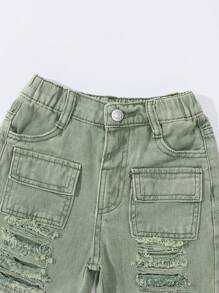 SHEIN Young Girl' Retro Street Style Distressed Ripped Multiple Pockets Washed Light Blue Straight-Leg Denim Cargo Pants - Green - View 4