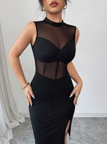 Elenzga New Women's V-Neck Mesh Patchwork Knit Fabric Tank Dress With High Slit, Sexy & Elegant For Vacation, Party, Date - Black - View 1