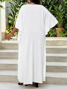 SHEIN Lady Spring And Summer Casual Elegant Boho Casual Outing Office White Knitted V Neck Flounce Flounce Sleeve Split Tunic Dress Kaftan Dress Long Short Sleeve Plus Size Dresses Elegant Women Dresses Classy Outfits Spring Outfits For Women Summer Dress Vacation Beach Vacation Outfits Spring Clothes Summer Clothes Beach Outfits For Woman Dresses For Women Elegant Modest Dress Abaya Dress Bohemian Boho Women Clothing White Dresses Beach Vacation Dresses For Women Elegant