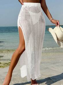 Swim Vcay Women Solid Color Hollow Out Side Slit Hem Cover Up Skirt For Vacation For Summer - White - View 4