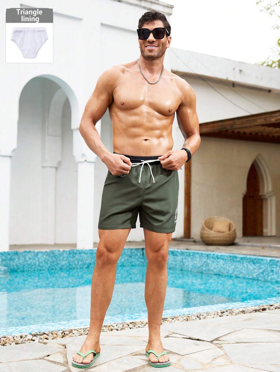 Surfspeed Men's Letter & Palm Tree Print Drawstring Waist Casual Beach Shorts - Army Green - View 1