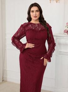 Modelyn Plus Size Solid Color Long Sleeve Lace Simple Fashion Dress, Suitable For Summer - Burgundy - View 7