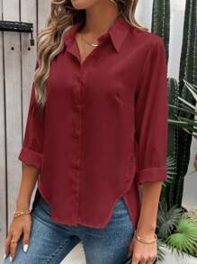 Chiquease Women 3/4 Sleeve Button-Front Solid Color Blouse, Casual For Beach And Holiday - Burgundy - View 4
