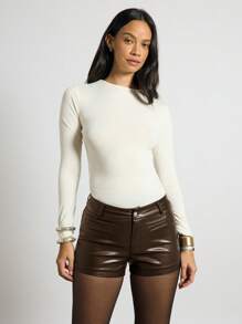 AiiRZ 仿皮高腰热裤设计师短裤，采用优质纹理饰面，非常适合俱乐部派对、夜间外出、节日舞蹈表演秋冬系列 - 咖啡棕 - 查看 1