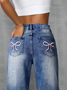 SHEIN ICON Casual Bowknot Embroidered Washed Straight-Leg Jeans