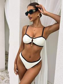 SHEIN 2 bộ đồ bơi bikini hở lưng kim loại màu vàng nhạt gợi cảm cho nữ - Màu vàng - Xem 1