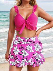Swim Lushoire 3pcs/Set Women Summer Beach Floral Print Halter Bikini Set With Ruffled Edge + Cover Up + Mini Skirt, Random Print - Hot Pink - View 6