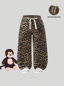 SHEIN Young Girl' Adjustable Waist Vintage Street Style Loose Casual Baggy Leopard Print Jeans - Coffee Brown - View 1