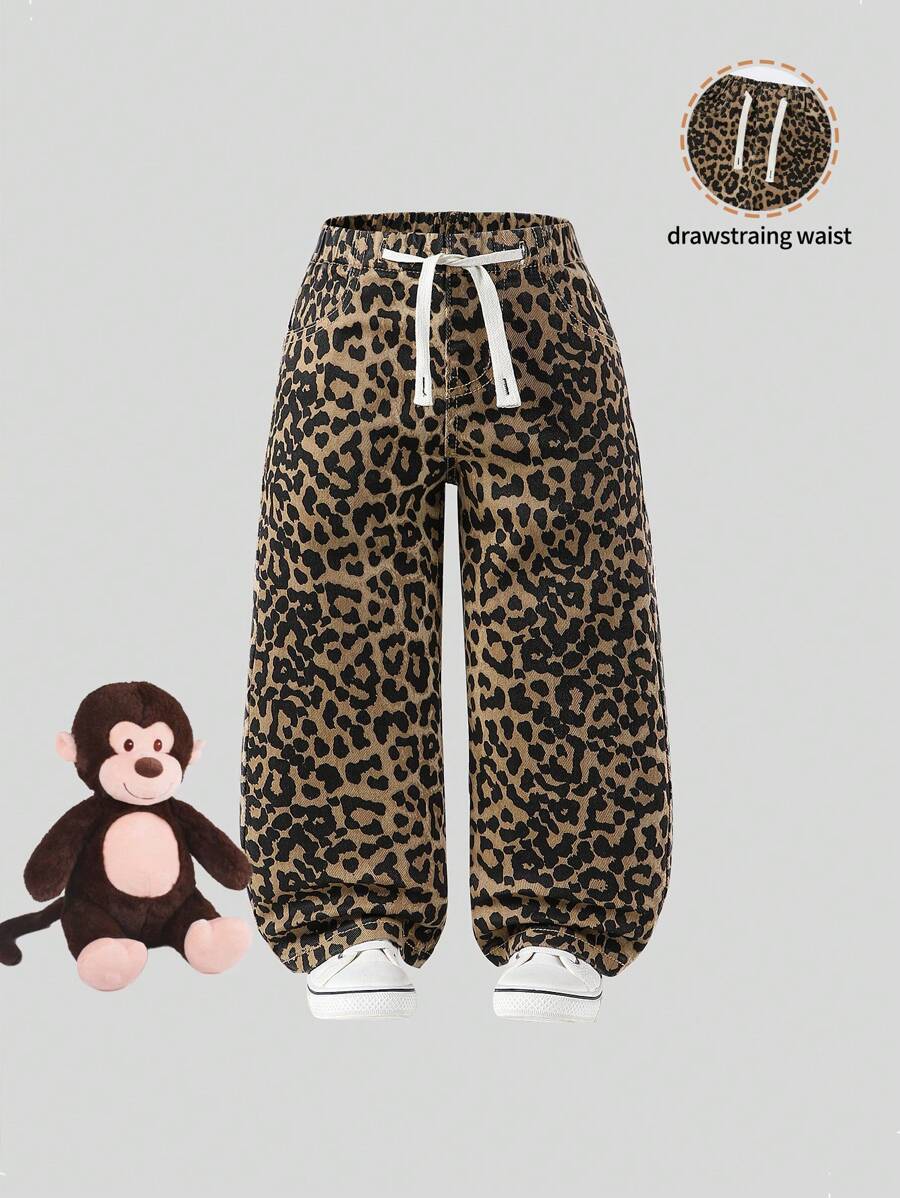 SHEIN Young Girl' Adjustable Waist Vintage Street Style Loose Casual Baggy Leopard Print Jeans - Coffee Brown - View 1
