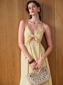 Breezaya 女士细肩带系腰纽扣优雅中长连衣裙 - 黃色 - 查看 1