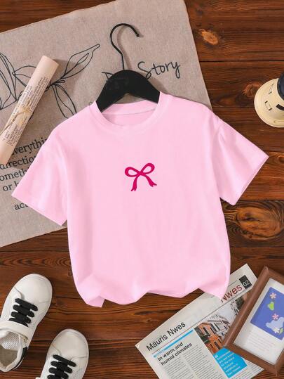 Baby Girl Casual Fashionable Comfortable Simple Cute Bow Pattern Short Sleeve T-Shirt, Spring/Summer