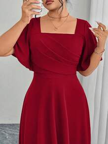 Modelyn Plus Size Red Knit Short Sleeve Empire Waist A-Line Dress - Red - View 7