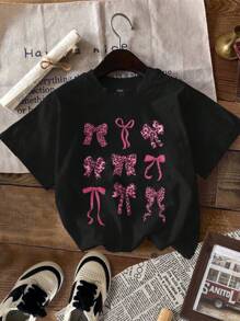 SHEIN 青少年女孩休闲豹纹蝴蝶结装饰短袖 T 恤，适合夏季