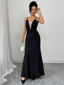 Elenzga Elegantes Damen Kleid mit Mesh Patchwork, künstlichen Perlen und Schleife am Taillenbund - Schwarz - Übersicht 6