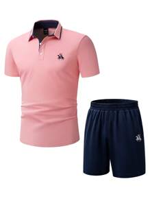 Manfinity Homme Set da 2 pezzi composto da polo a maniche corte e pantaloncini casual stile cavaliere per uomo (taglia errata), polo da uomo, completi estivi casual da uomo