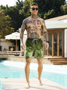 Manfinity VDAYZ 男式前系带口袋印花休闲沙滩短裤 - 軍綠色 - 查看 5