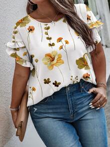 INAWLY Solva Plus Size Women Pullover V-Neck Flare Short Sleeve Shirt - Multicolor - View 4