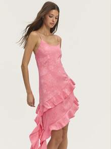 Nöista Bright Pink Mini Dress With Asymmetric Hem, Ruffle Detailing, And Halter Neck With Decorative Rosette. Adjustable Straps, Perfect For Easter, Bridal, Or Graduation. Pair With Sandals For A Fresh, Elegant Look.