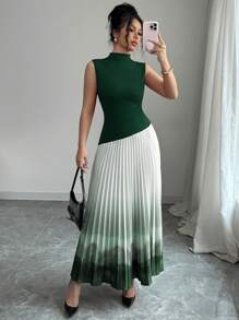 Elenzga 女士优雅派对/约会长款印花褶皱连衣裙，适合狂欢节、复活节、中国新年，红色、褶皱、粉色块色不对称拼接设计无袖立领渐变扎染连衣裙 - 墨綠色 - 查看 4