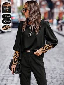 EMERY ROSE 女士休闲豹纹拼布纽扣装饰衬衫，适合秋季 - 黑色 - 查看 3