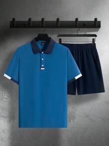 Manfinity Homme 男士撞色短袖休闲通勤 Polo 衫和短裤套装 - 彩色 - 查看 3