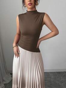 Elenzga Women's Elegant Party Cocktail Dress With Pleated Floral Print, Suitable For Carnival, Easter, Chinese New Year, Red, Pleated, Pink Color Block Asymmetrical Splice Design, Sleeveless Stand Collar Tie Dye Dress, Summer - Coffee Brown - View 4