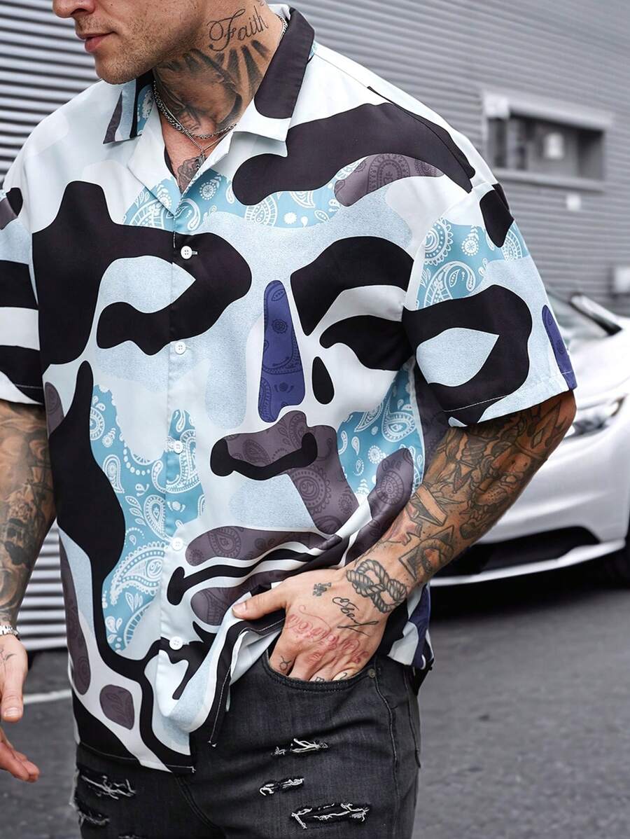 Manfinity LEGND 男士佩斯利印花短袖纽扣休闲衬衫，春季上衣 夏季男士上衣 百搭单品，送给丈夫和男友的礼物 - 彩色 - 查看 1