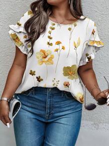 INAWLY Solva Plus Size Women Pullover V-Neck Flare Short Sleeve Shirt - Multicolor - View 1