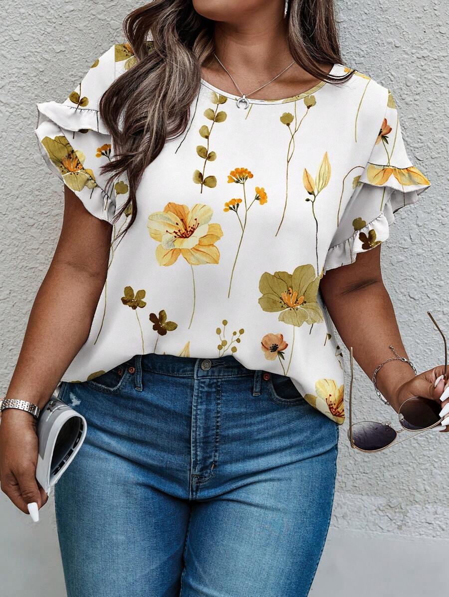 INAWLY Solva Plus Size Women Pullover V-Neck Flare Short Sleeve Shirt - Multicolor - View 1