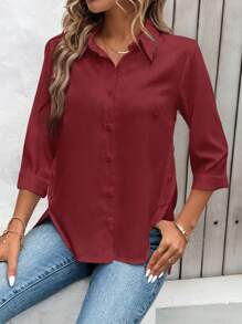 Chiquease Women 3/4 Sleeve Button-Front Solid Color Blouse, Casual For Beach And Holiday - Burgundy - View 6