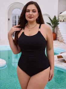 SHEIN Swim Curve Plus Size Black One-Piece Swimsuit With Rhinestone Double-Ring Embellishment